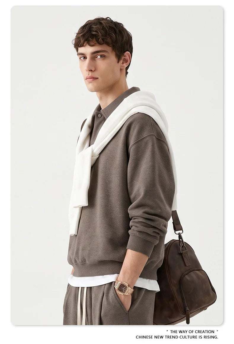 Custom LOGO men's autumn 320G heavy cotton new old money wind American retro polo sweater trousers loose suit