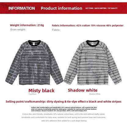 Custom LOGO Men's Cotton Polyester 210G Retro Dirty Dyeing Room Strips Shoulder Rugged Couple Long Sleeve Knitted T-Shirt Top