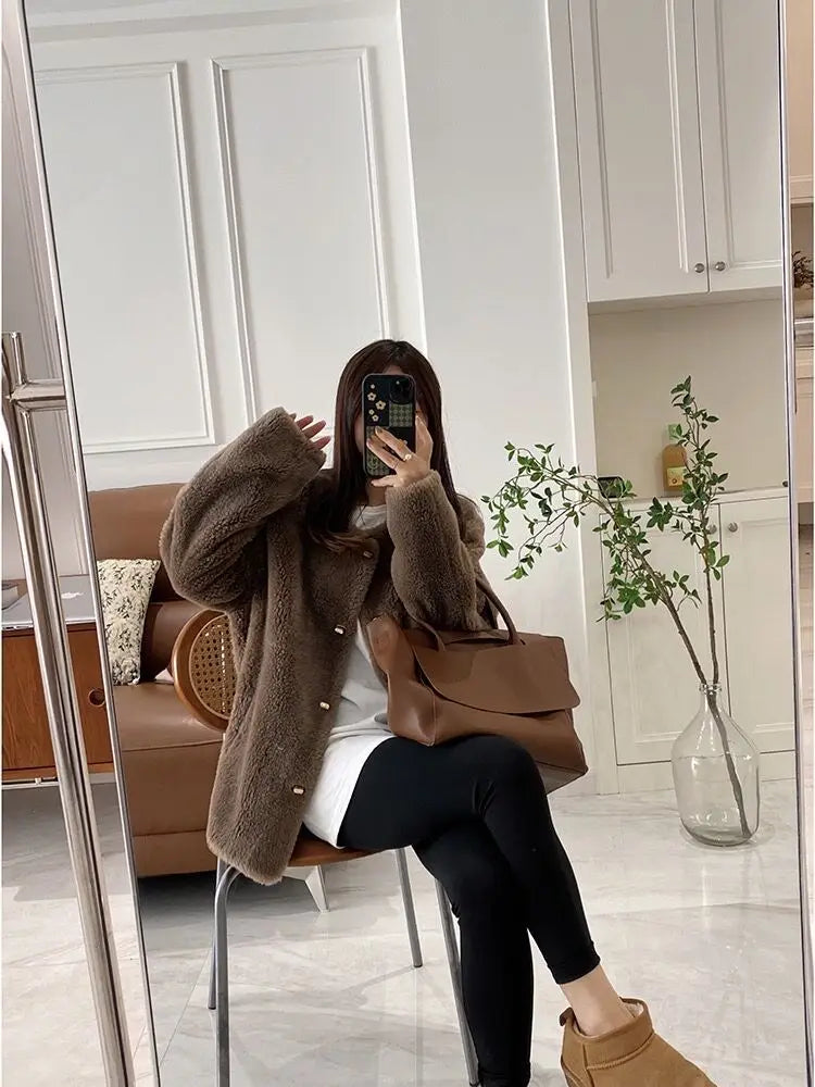 Lamb Fur Jacket for Women Pure Wool Fur Coats Particle Sheep Fleece Gold Buckle Composite Fur Integrated Women's Winter Coat FCY