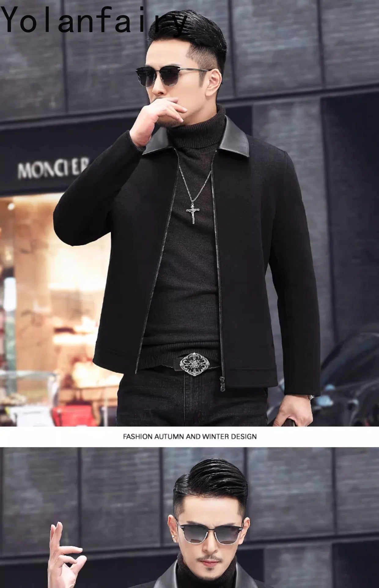 YOLANFAIRY Casual Wool Coats for Men Spring Autumn Fashion Short Woolen Coat Man Clothing Spliced Genuine Leather Mens Jacket