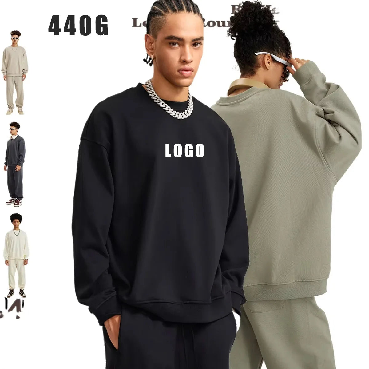 Custom LOGO men's and women's spring autumn and winter new American 440G heavy terry loose pullover crew neck sweater