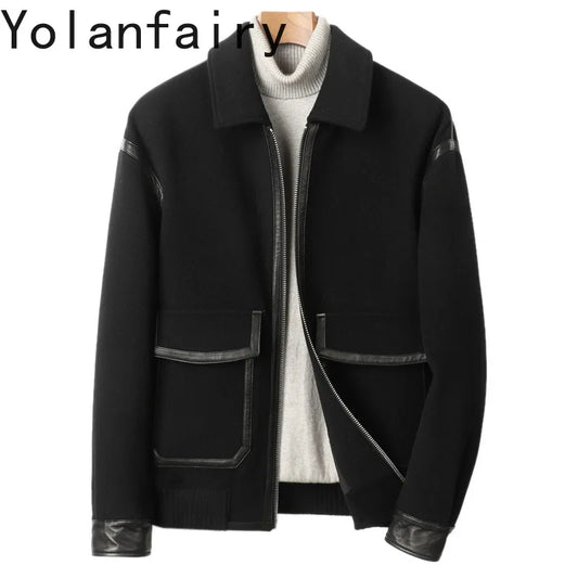 YOLANFAIRY Real Sheepskin Leather Patchwork Wool Coat for Men Autumn Trendy Short Cashmere Jacket Loose Streetwear ropa hombre