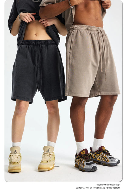Custom LOGO men's new washed 420G European and American 100% cotton retro terry couple casual sports shorts