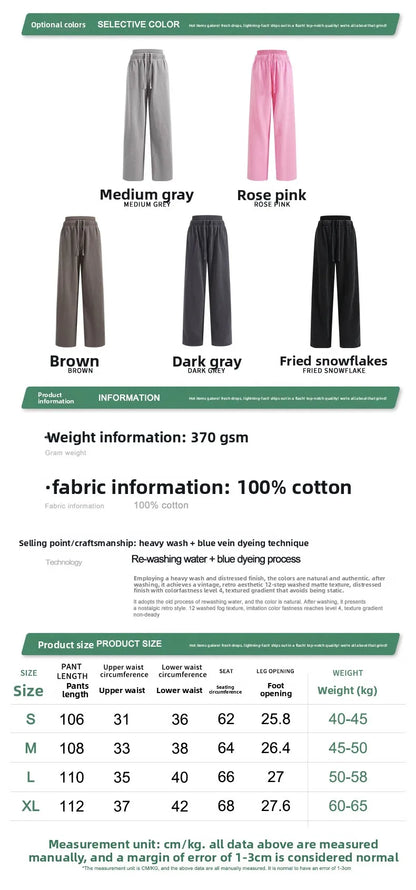 Custom LOGO Women's 2025 Spring and Autumn 370G Heavy 100% Cotton Retro Style Old and Skinny Double Waist Casual Straight Pants