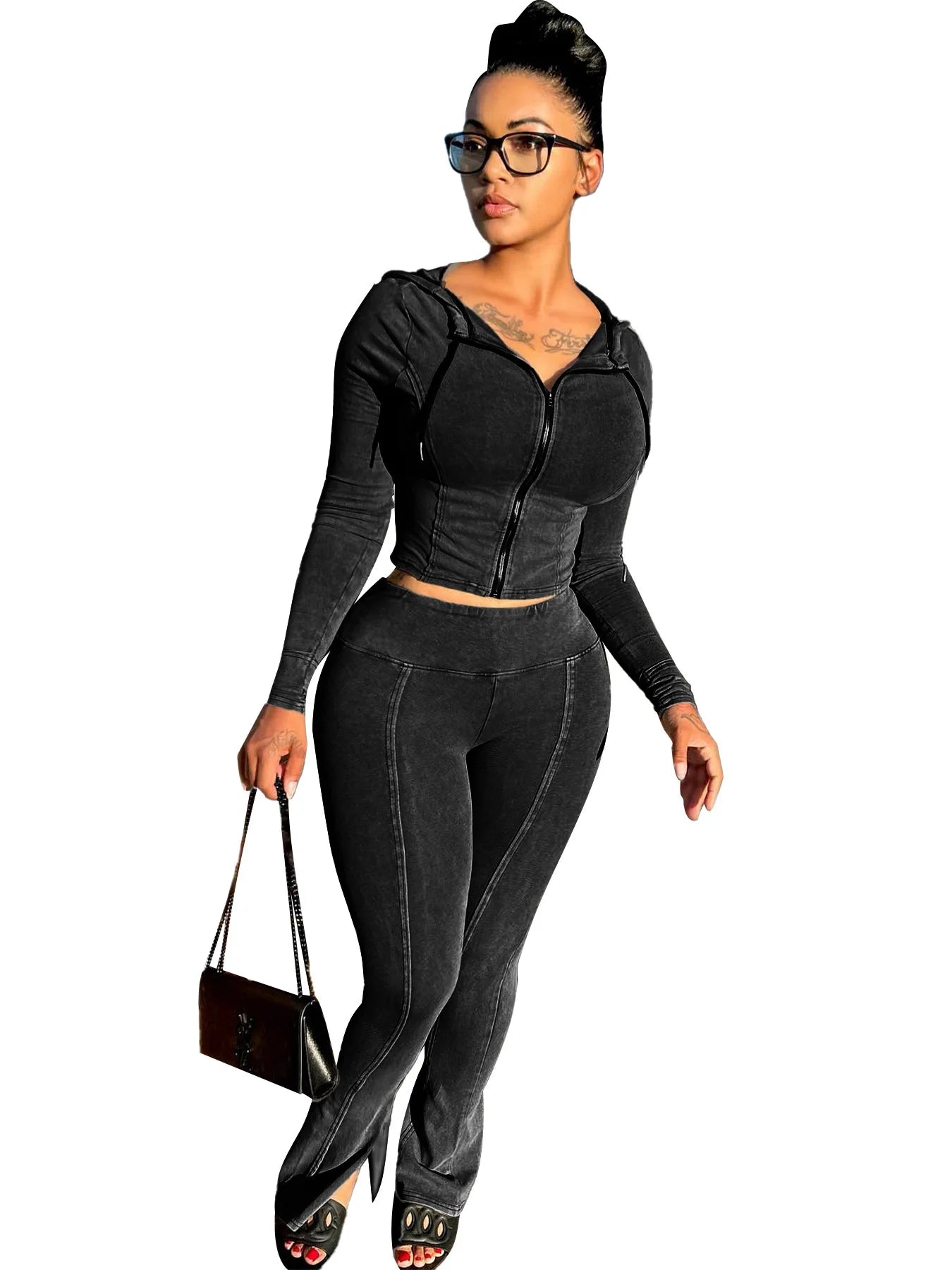 Customized LOGO women's cotton ammonia washed old hooded flared pants elastic two-piece casual suit