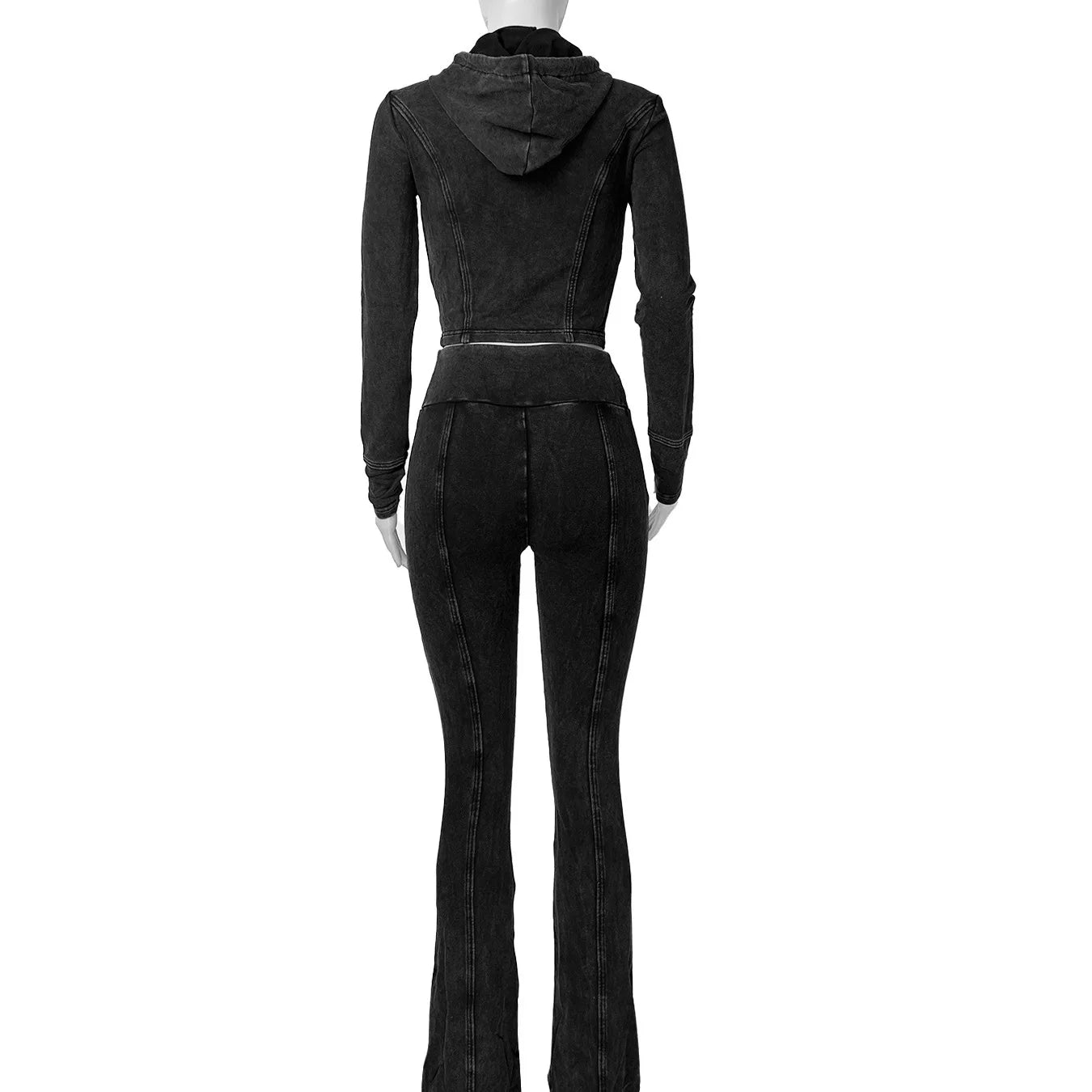 Customized LOGO women's cotton ammonia washed old hooded flared pants elastic two-piece casual suit