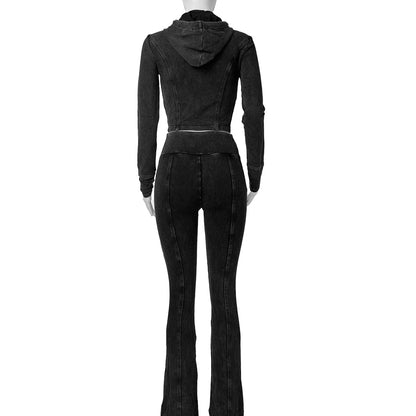 Customized LOGO women's cotton ammonia washed old hooded flared pants elastic two-piece casual suit