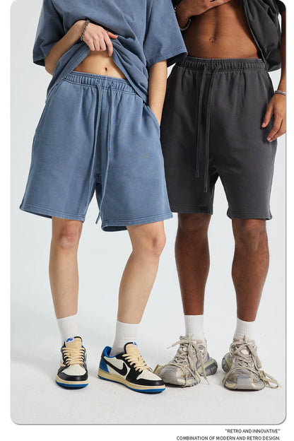 Custom LOGO men's new washed 420G European and American 100% cotton retro terry couple casual sports shorts