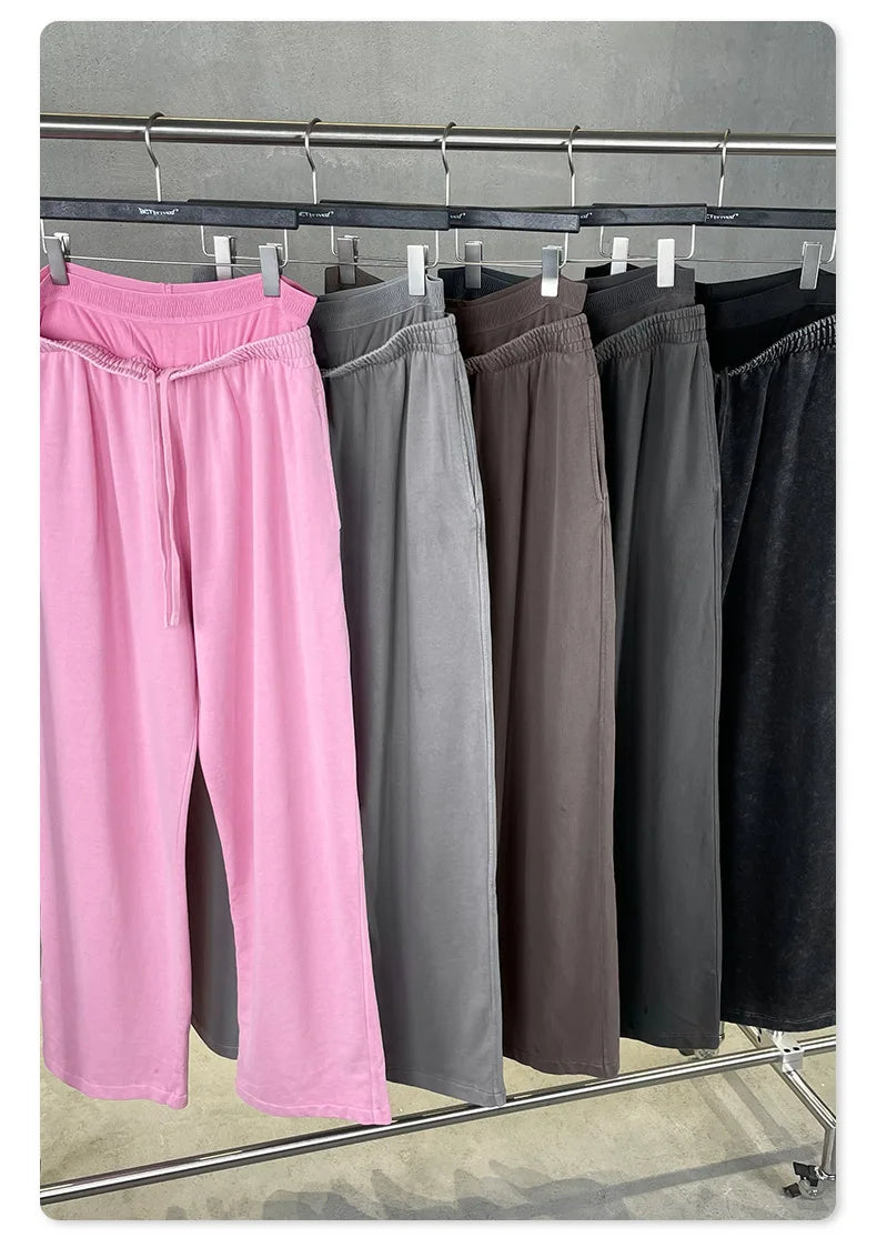 Custom LOGO Women's 2025 Spring and Autumn 370G Heavy 100% Cotton Retro Style Old and Skinny Double Waist Casual Straight Pants