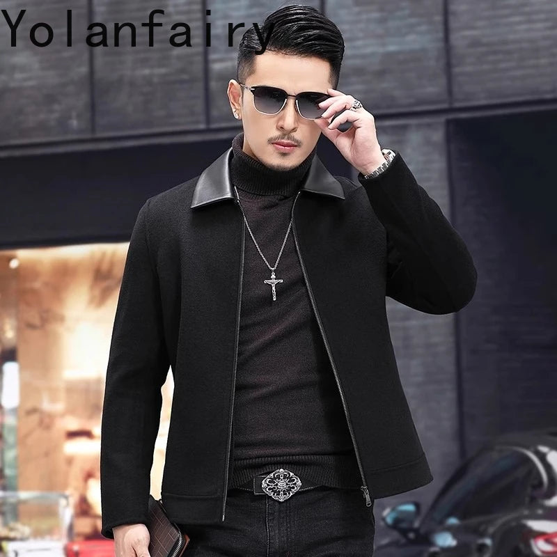 YOLANFAIRY Casual Wool Coats for Men Spring Autumn Fashion Short Woolen Coat Man Clothing Spliced Genuine Leather Mens Jacket