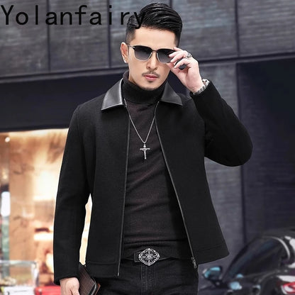YOLANFAIRY Casual Wool Coats for Men Spring Autumn Fashion Short Woolen Coat Man Clothing Spliced Genuine Leather Mens Jacket