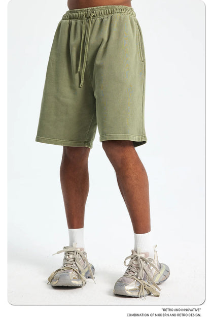 Custom LOGO men's new washed 420G European and American 100% cotton retro terry couple casual sports shorts