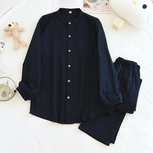 2026 New Spring/Summer Couple's Pajama Set 100% Cotton Simple Men's and Women's Long Sleeve Long Pants Two Piece Home Clothes