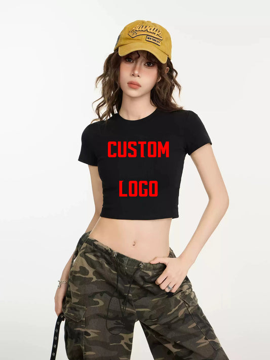 Crop Top Women Custom LOGO Free Print  Short Sleeve  Solid Slim Fit Crew Neck Tee Basic Skinny Tight Casual Workout Yoga Tshirt
