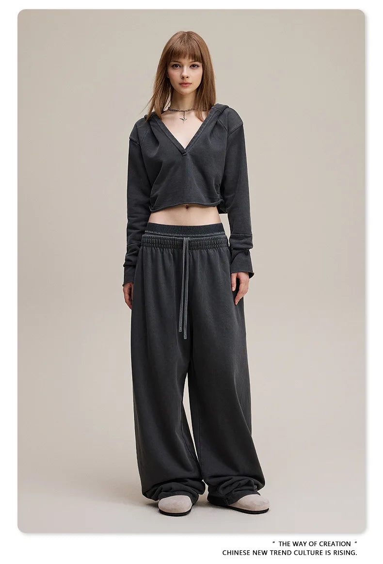 Custom LOGO Women's 2025 Spring and Autumn 370G Heavy 100% Cotton Retro Style Old and Skinny Double Waist Casual Straight Pants