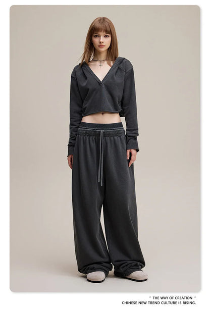 Custom LOGO Women's 2025 Spring and Autumn 370G Heavy 100% Cotton Retro Style Old and Skinny Double Waist Casual Straight Pants