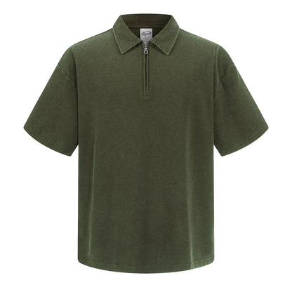 Custom LOGO Men's 2026 New Polo Shirt 325G Cotton Polyester YKK Zipper Batik Waffle Wash Old Short Sleeve T-Shirt