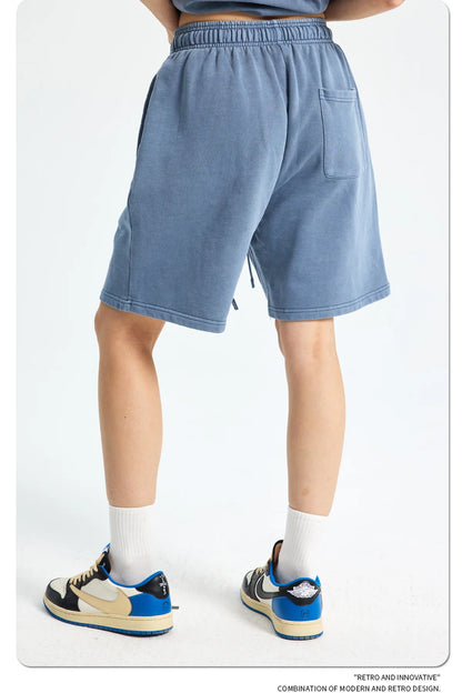 Custom LOGO men's new washed 420G European and American 100% cotton retro terry couple casual sports shorts