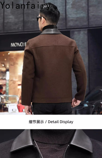 YOLANFAIRY Casual Wool Coats for Men Spring Autumn Fashion Short Woolen Coat Man Clothing Spliced Genuine Leather Mens Jacket