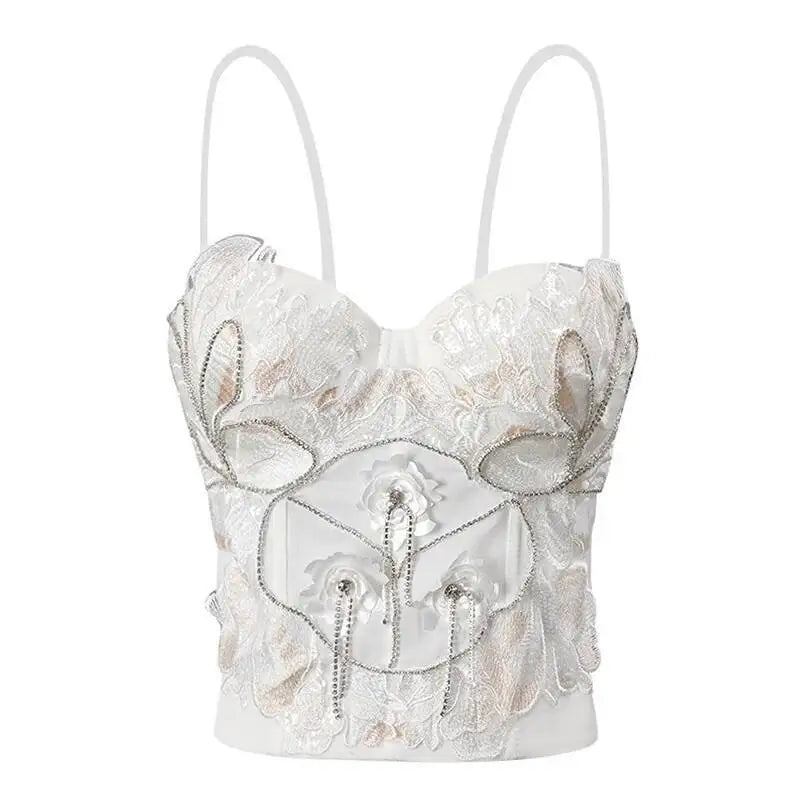 DEAT Fashion Fishbone Embroidery Lace Waist-sliming Tank Tops Women’s Pearl Embroidery Backless Sleeveless Camis Summer New