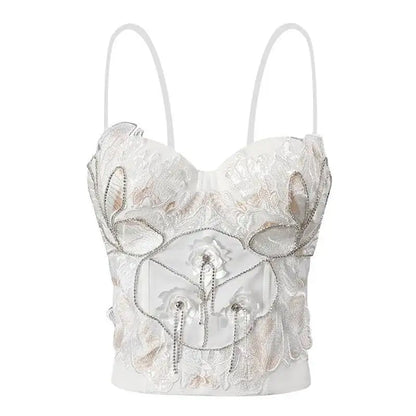 DEAT Fashion Fishbone Embroidery Lace Waist-sliming Tank Tops Women’s Pearl Embroidery Backless Sleeveless Camis Summer New