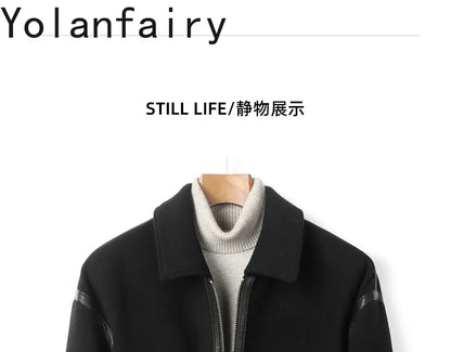 YOLANFAIRY Real Sheepskin Leather Patchwork Wool Coat for Men Autumn Trendy Short Cashmere Jacket Loose Streetwear ropa hombre