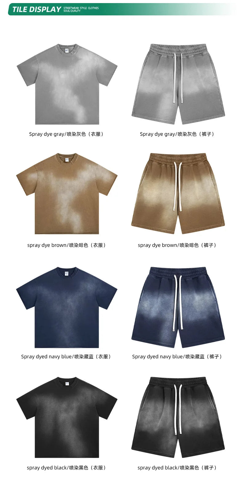 Customized LOGO men's new summer 305G heavy 100% cotton short-sleeved washing water old retro 430G shorts two-piece set