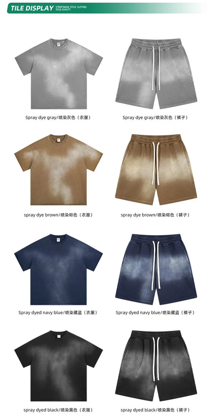 Customized LOGO men's new summer 305G heavy 100% cotton short-sleeved washing water old retro 430G shorts two-piece set