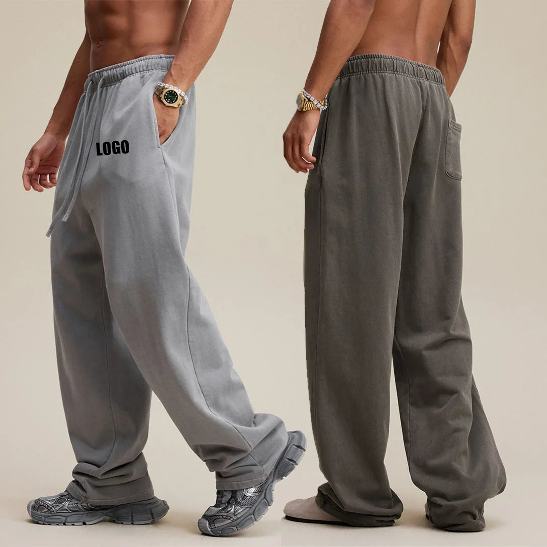 Customized LOGO Men's 2025 Autumn New 480G Heavy 100% Cotton Black Pattern Straight Loose Casual Pants