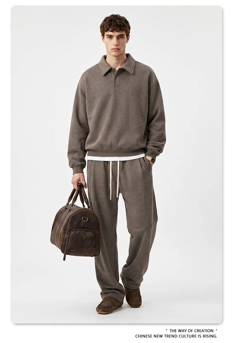 Custom LOGO men's autumn 320G heavy cotton new old money wind American retro polo sweater trousers loose suit