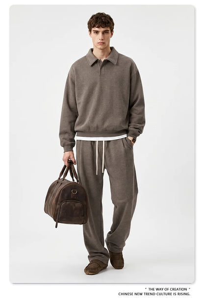 Custom LOGO men's autumn 320G heavy cotton new old money wind American retro polo sweater trousers loose suit