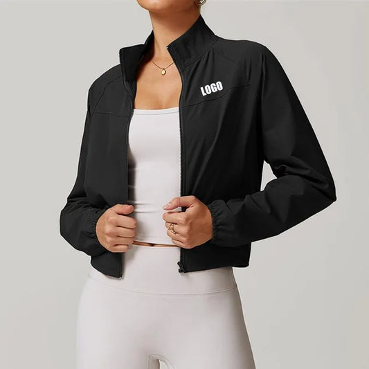 Custom LOGO Women's Quick-Dry Stand Collar Yoga Jacket, Thin Windproof Outdoor Running Fitness Long-Sleeve Sports Jacket