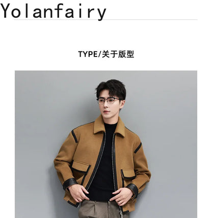 YOLANFAIRY Real Sheepskin Leather Patchwork Wool Coat for Men Autumn Trendy Short Cashmere Jacket Loose Streetwear ropa hombre