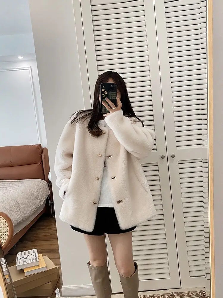 Lamb Fur Jacket for Women Pure Wool Fur Coats Particle Sheep Fleece Gold Buckle Composite Fur Integrated Women's Winter Coat FCY