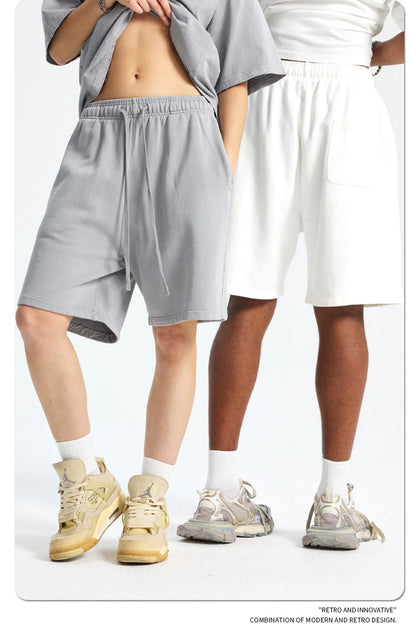 Custom LOGO men's new washed 420G European and American 100% cotton retro terry couple casual sports shorts