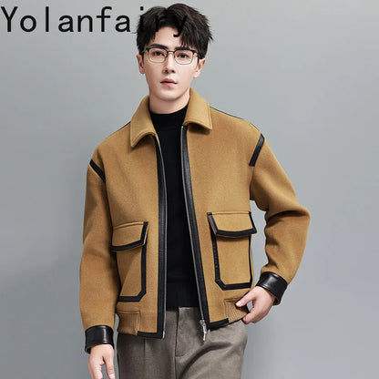 YOLANFAIRY Real Sheepskin Leather Patchwork Wool Coat for Men Autumn Trendy Short Cashmere Jacket Loose Streetwear ropa hombre