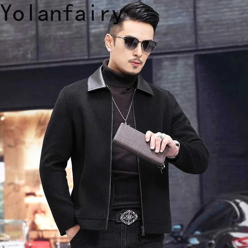 YOLANFAIRY Casual Wool Coats for Men Spring Autumn Fashion Short Woolen Coat Man Clothing Spliced Genuine Leather Mens Jacket