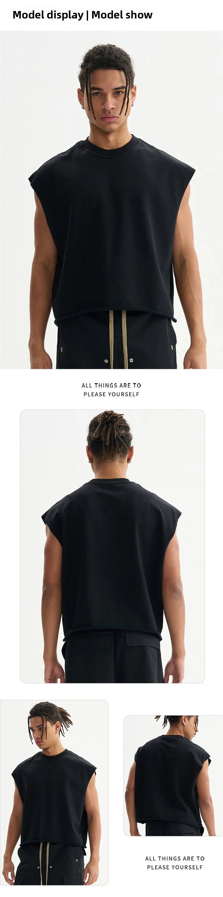 Custom LOGO Men's 340G Heavy Cotton Polyester Casual Short Vest Trendy Loose Hemming Loose Couple Sleeveless Top