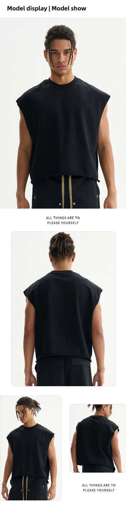 Custom LOGO Men's 340G Heavy Cotton Polyester Casual Short Vest Trendy Loose Hemming Loose Couple Sleeveless Top