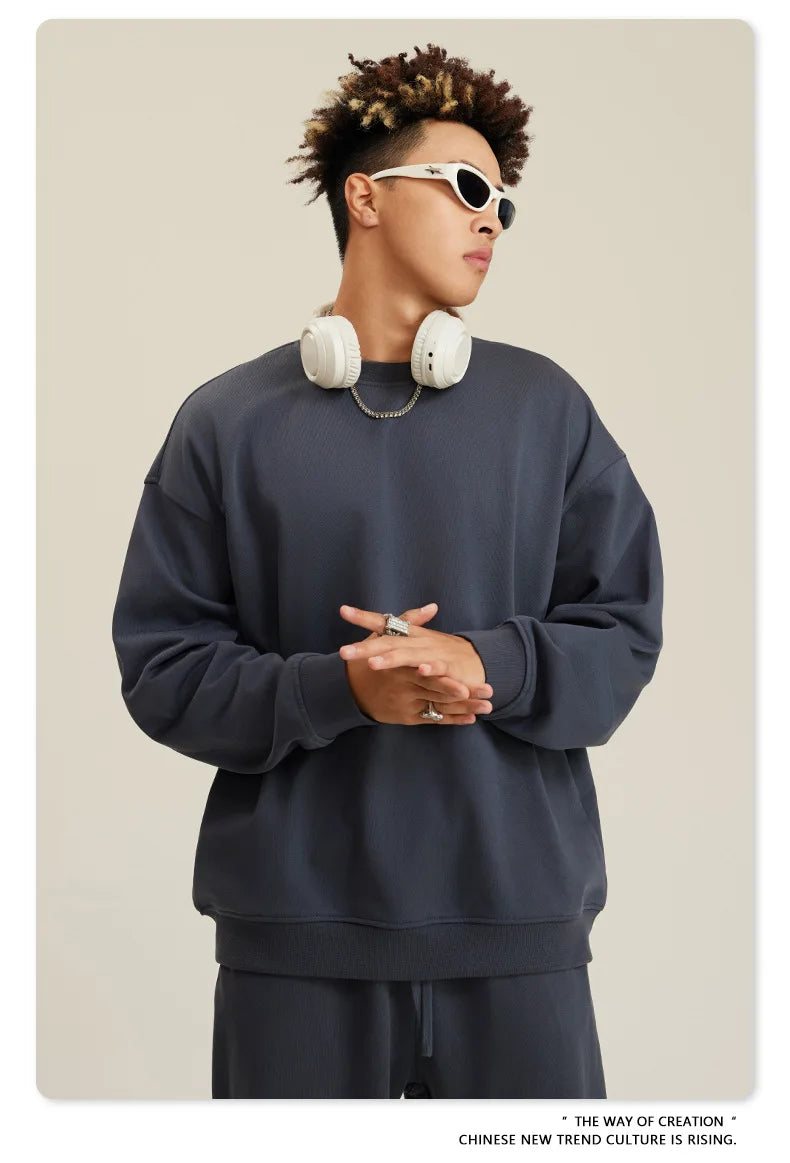 Custom LOGO men's and women's spring autumn and winter new American 440G heavy terry loose pullover crew neck sweater