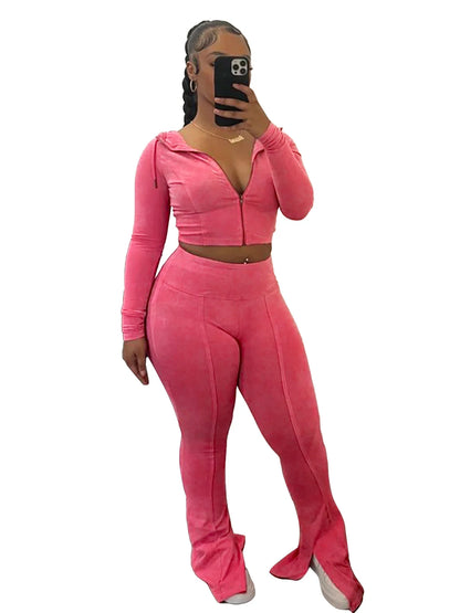 Customized LOGO women's cotton ammonia washed old hooded flared pants elastic two-piece casual suit