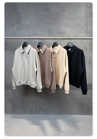 Custom LOGO men's autumn 320G heavy cotton new old money wind American retro polo sweater trousers loose suit