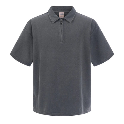 Custom LOGO Men's 2026 New Polo Shirt 325G Cotton Polyester YKK Zipper Batik Waffle Wash Old Short Sleeve T-Shirt