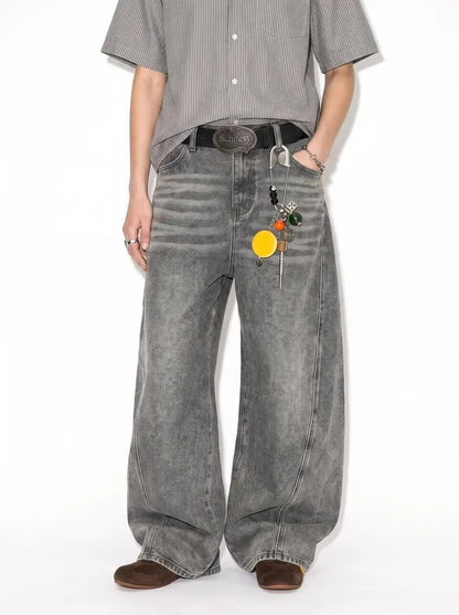 Custom LOGO men's 2026 denim scimitar pants cotton autumn new American retro washed old casual couple trousers