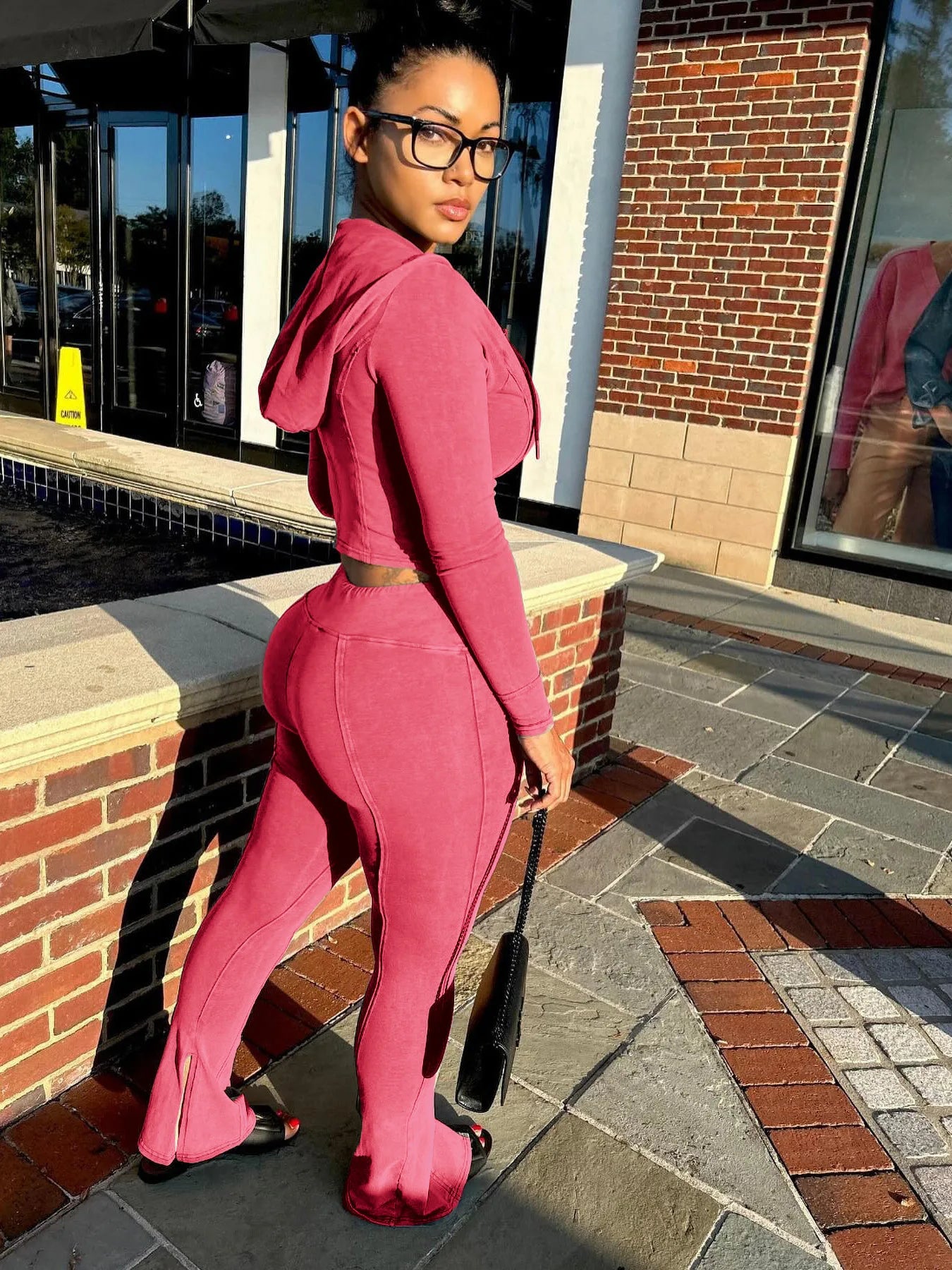 Customized LOGO women's cotton ammonia washed old hooded flared pants elastic two-piece casual suit