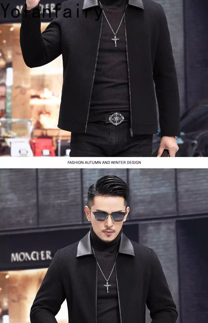 YOLANFAIRY Casual Wool Coats for Men Spring Autumn Fashion Short Woolen Coat Man Clothing Spliced Genuine Leather Mens Jacket