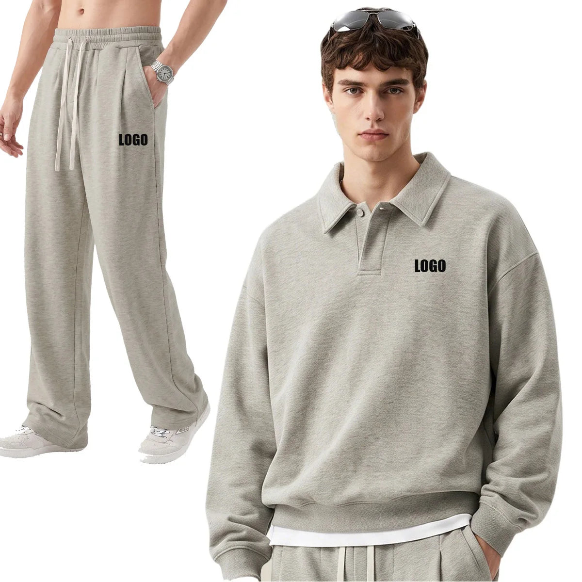 Custom LOGO men's autumn 320G heavy cotton new old money wind American retro polo sweater trousers loose suit