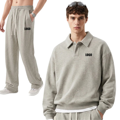 Custom LOGO men's autumn 320G heavy cotton new old money wind American retro polo sweater trousers loose suit