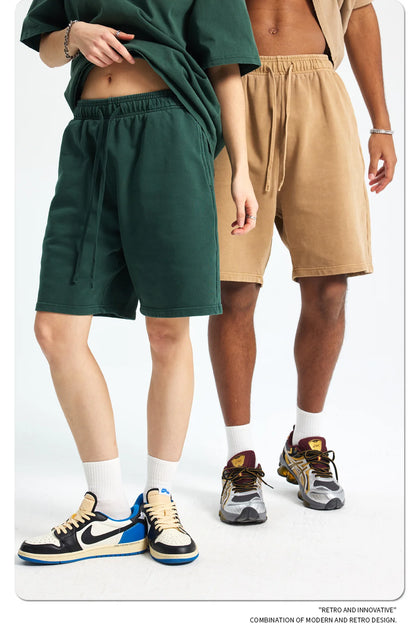 Custom LOGO men's new washed 420G European and American 100% cotton retro terry couple casual sports shorts
