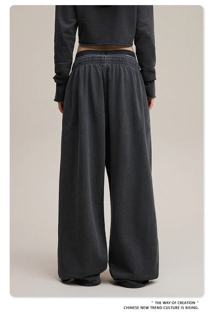 Custom LOGO Women's 2025 Spring and Autumn 370G Heavy 100% Cotton Retro Style Old and Skinny Double Waist Casual Straight Pants